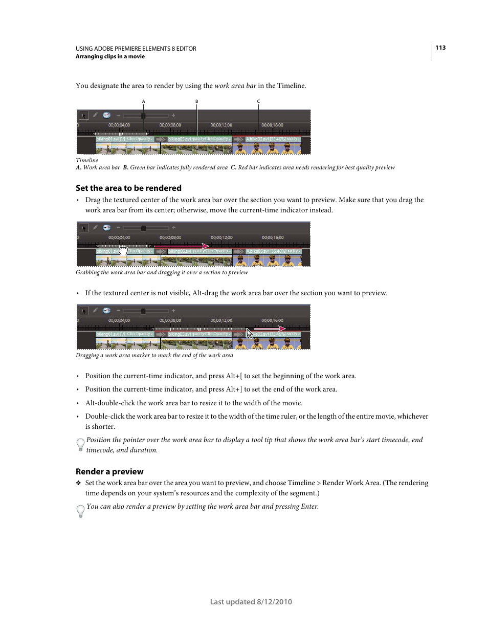 Set the area to be rendered, Render a preview | Adobe Premiere Elements 8 User Manual | Page 118 / 313