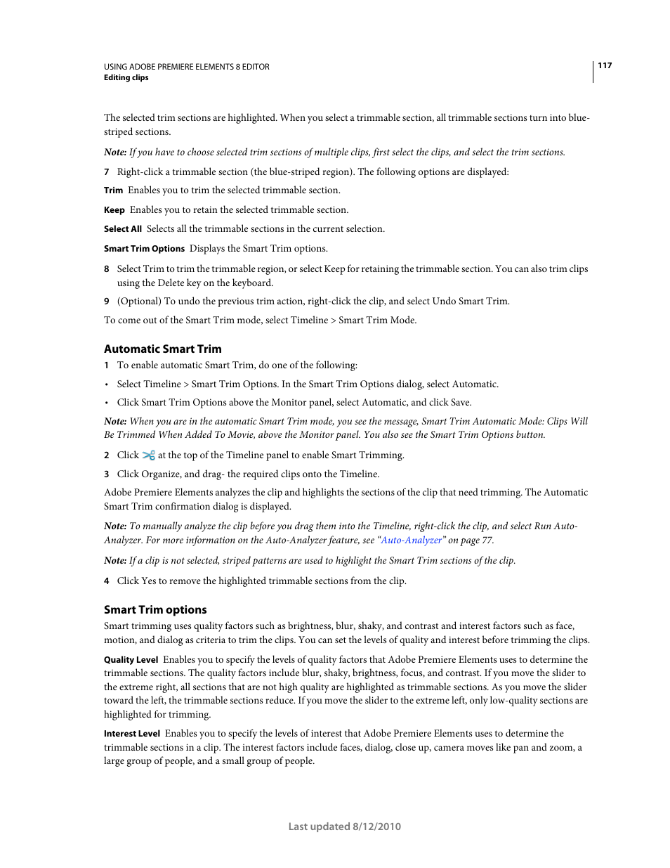 Automatic smart trim, Smart trim options, Information, see | Adobe Premiere Elements 8 User Manual | Page 122 / 313