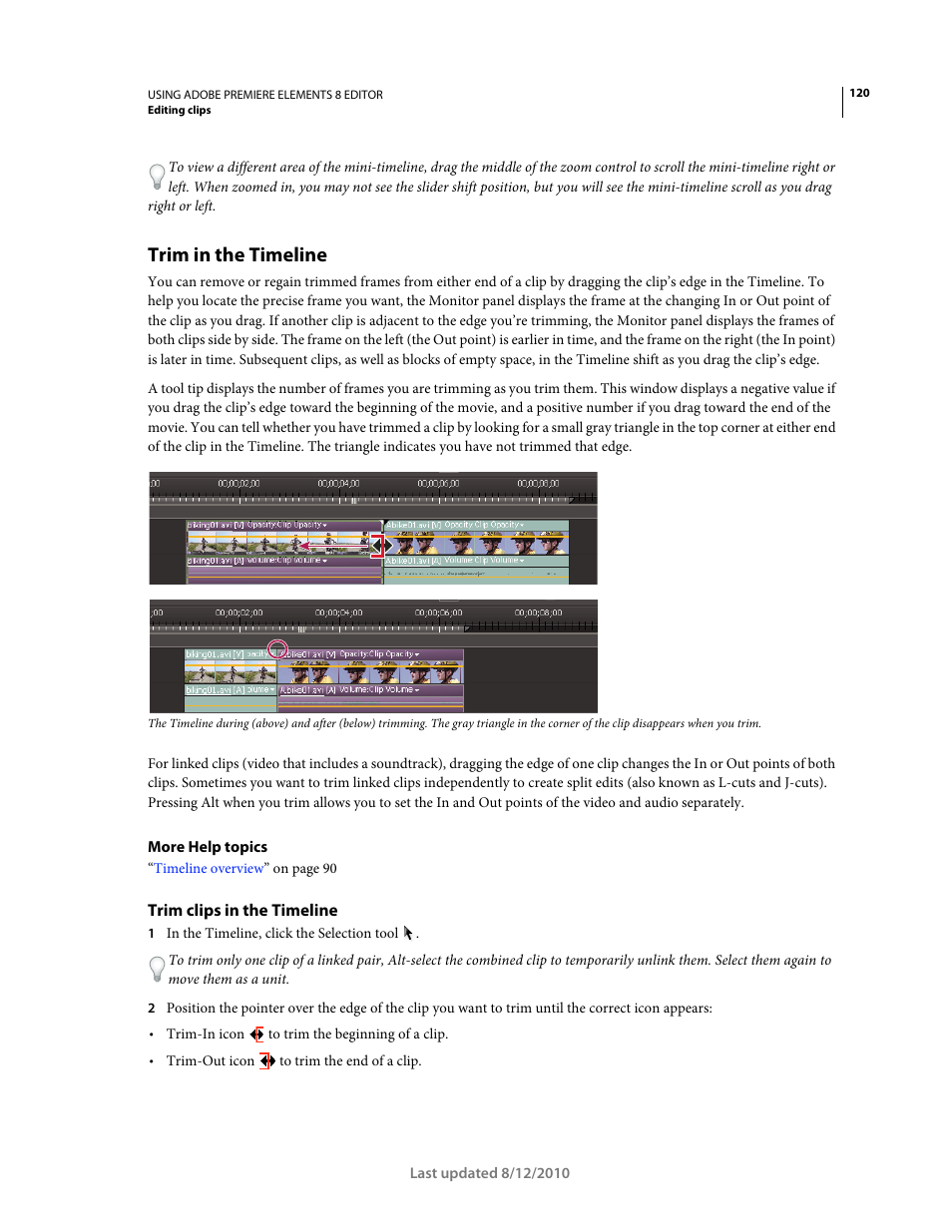 Trim in the timeline, Trim clips in the timeline | Adobe Premiere Elements 8 User Manual | Page 125 / 313