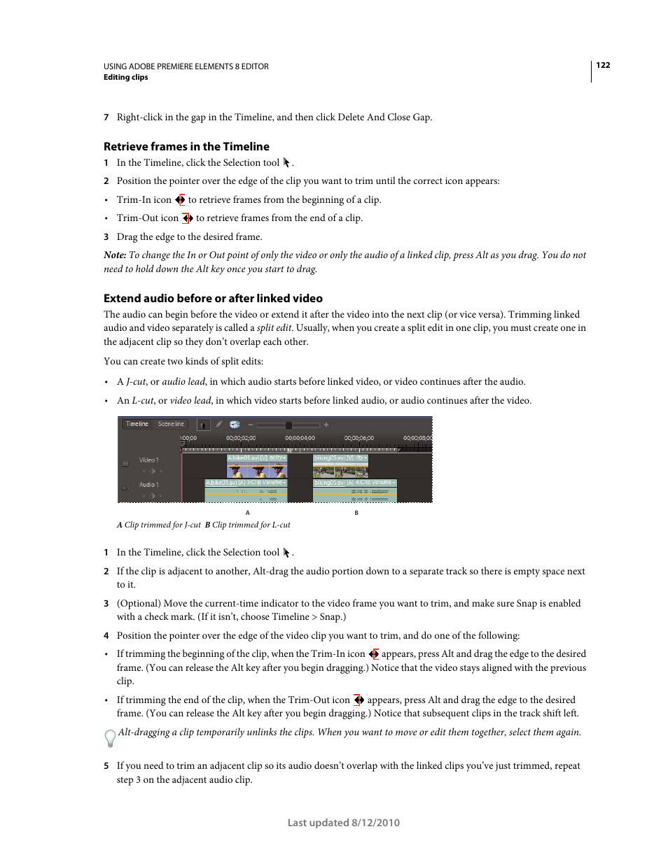 Retrieve frames in the timeline, Extend audio before or after linked video | Adobe Premiere Elements 8 User Manual | Page 127 / 313
