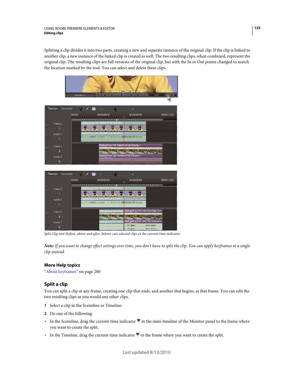 Split a clip | Adobe Premiere Elements 8 User Manual | Page 130 / 313