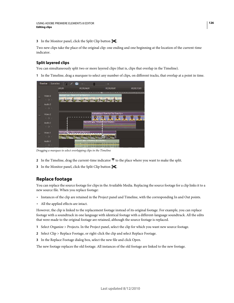 Split layered clips, Replace footage | Adobe Premiere Elements 8 User Manual | Page 131 / 313