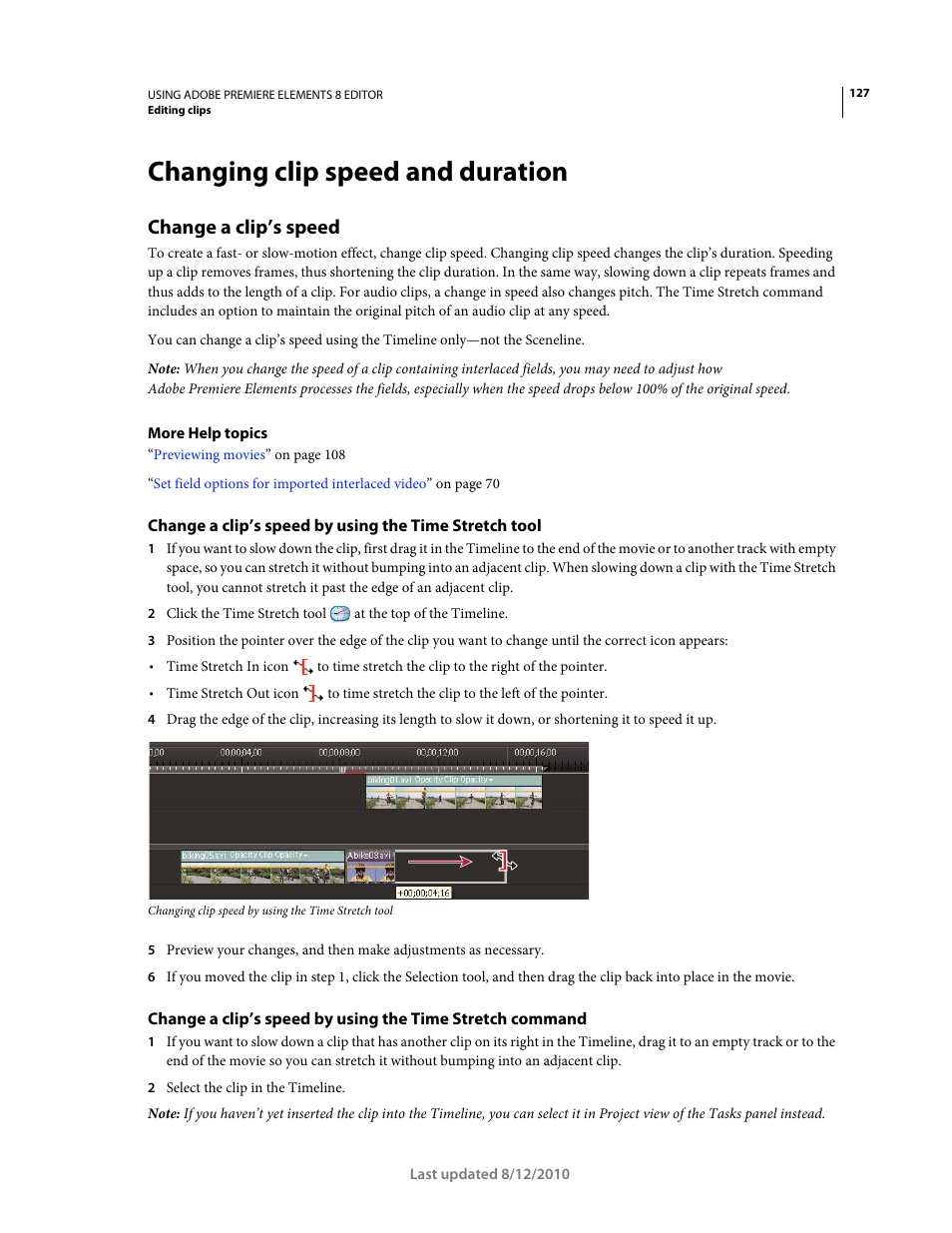 Changing clip speed and duration, Change a clip’s speed | Adobe Premiere Elements 8 User Manual | Page 132 / 313