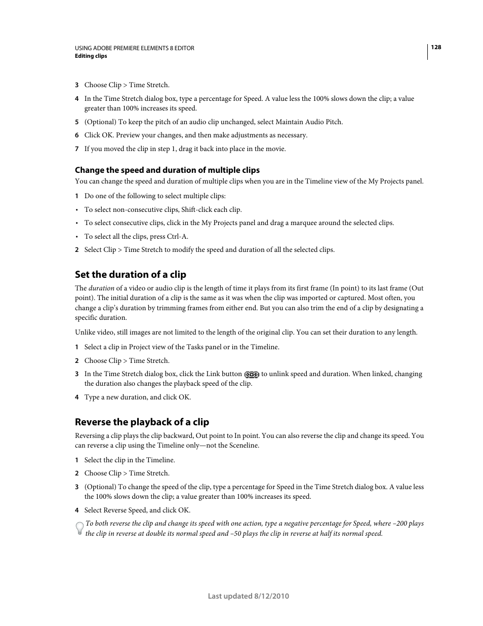 Change the speed and duration of multiple clips, Set the duration of a clip, Reverse the playback of a clip | Adobe Premiere Elements 8 User Manual | Page 133 / 313