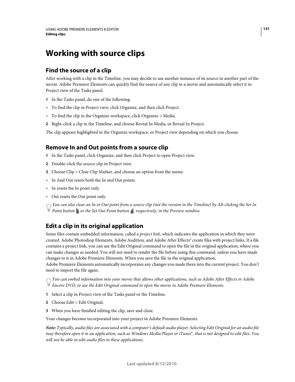 Working with source clips, Find the source of a clip, Remove in and out points from a source clip | Edit a clip in its original application | Adobe Premiere Elements 8 User Manual | Page 136 / 313