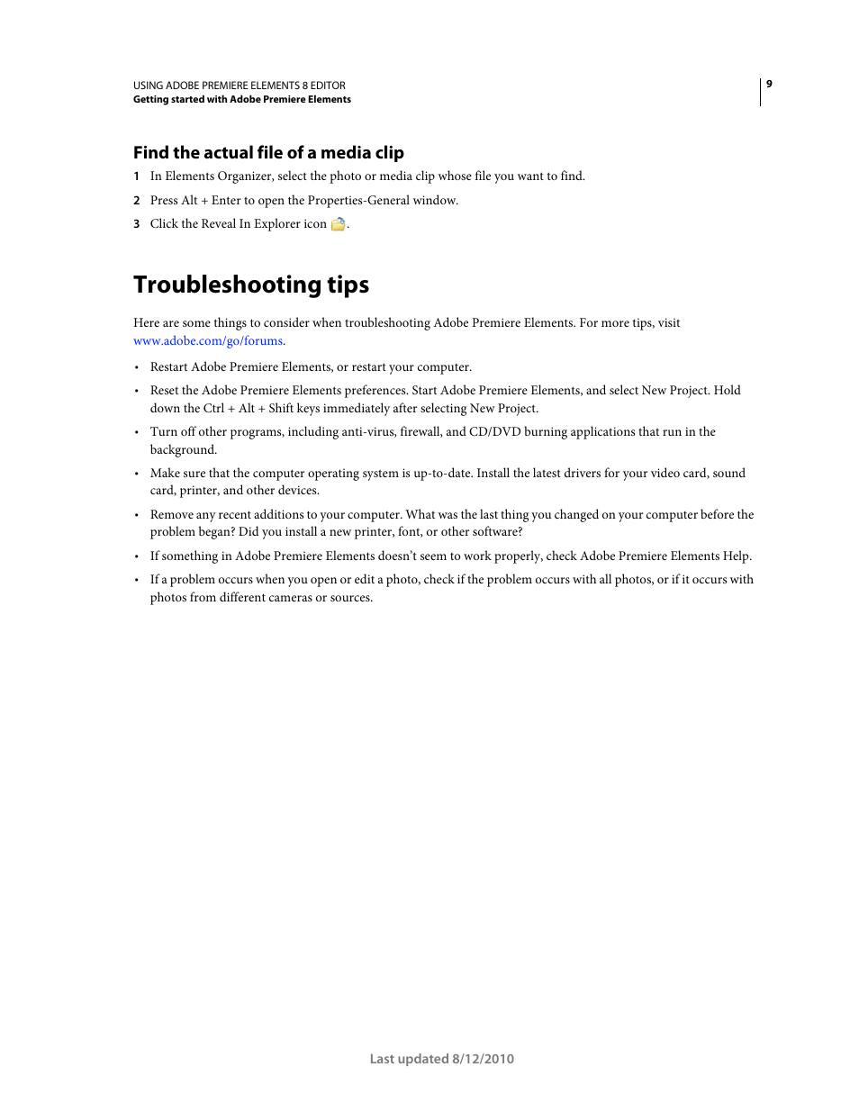 Find the actual file of a media clip, Troubleshooting tips | Adobe Premiere Elements 8 User Manual | Page 14 / 313