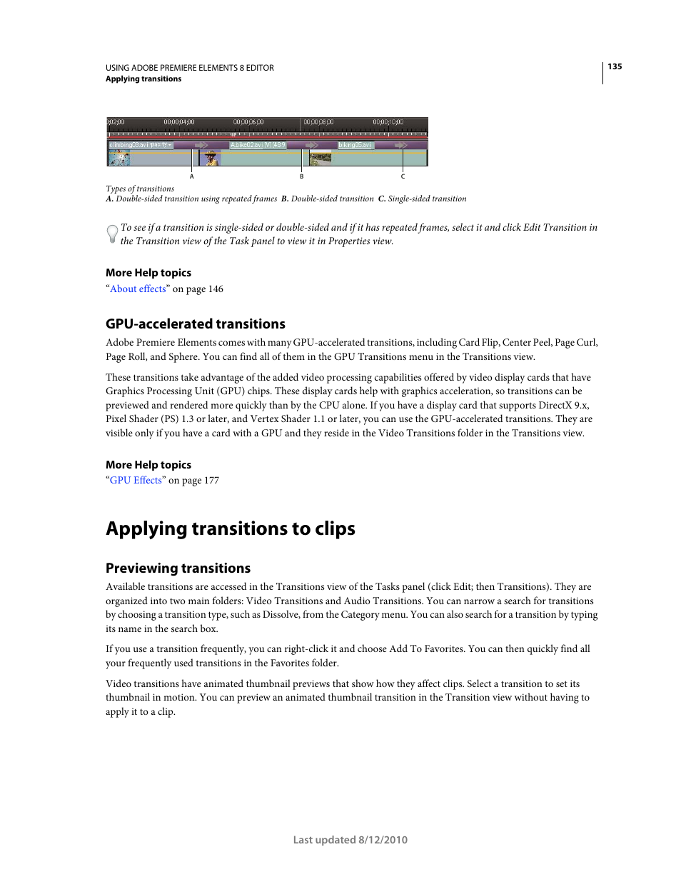 Gpu-accelerated transitions, Applying transitions to clips, Previewing transitions | Adobe Premiere Elements 8 User Manual | Page 140 / 313