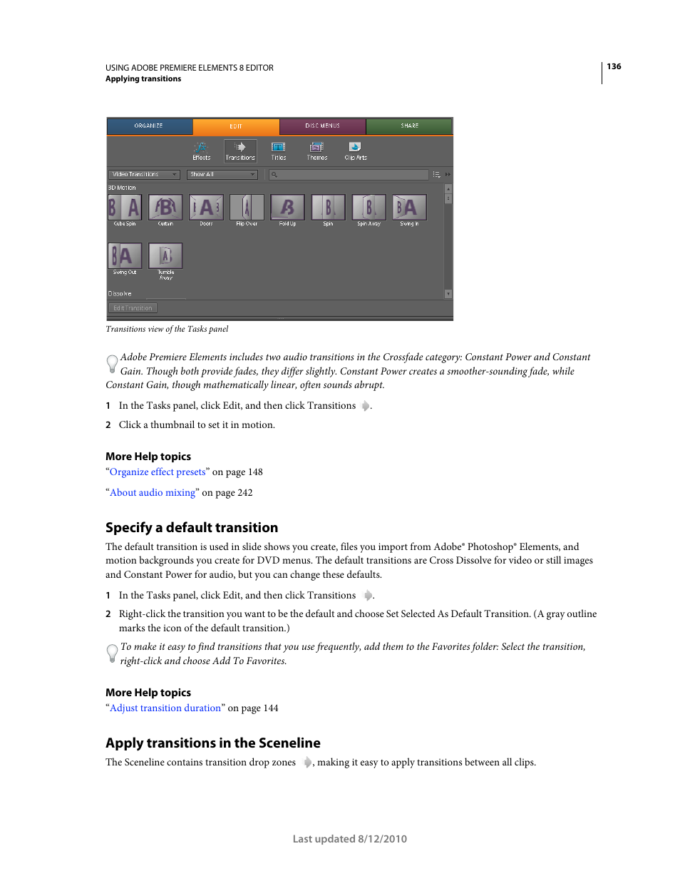 Specify a default transition, Apply transitions in the sceneline | Adobe Premiere Elements 8 User Manual | Page 141 / 313