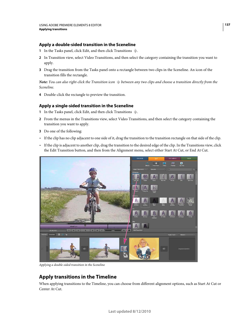 Apply a double-sided transition in the sceneline, Apply a single-sided transition in the sceneline, Apply transitions in the timeline | Adobe Premiere Elements 8 User Manual | Page 142 / 313