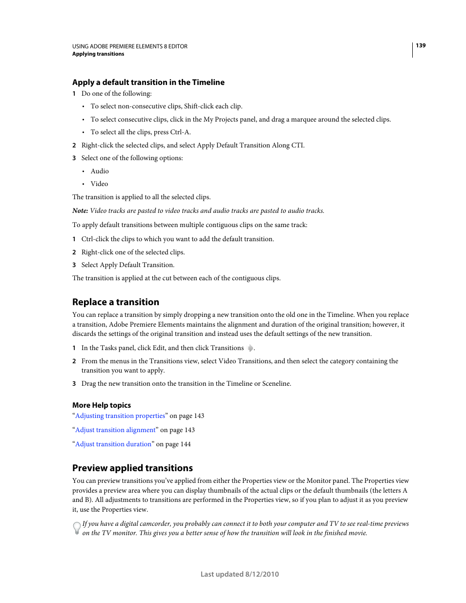 Apply a default transition in the timeline, Replace a transition, Preview applied transitions | Adobe Premiere Elements 8 User Manual | Page 144 / 313