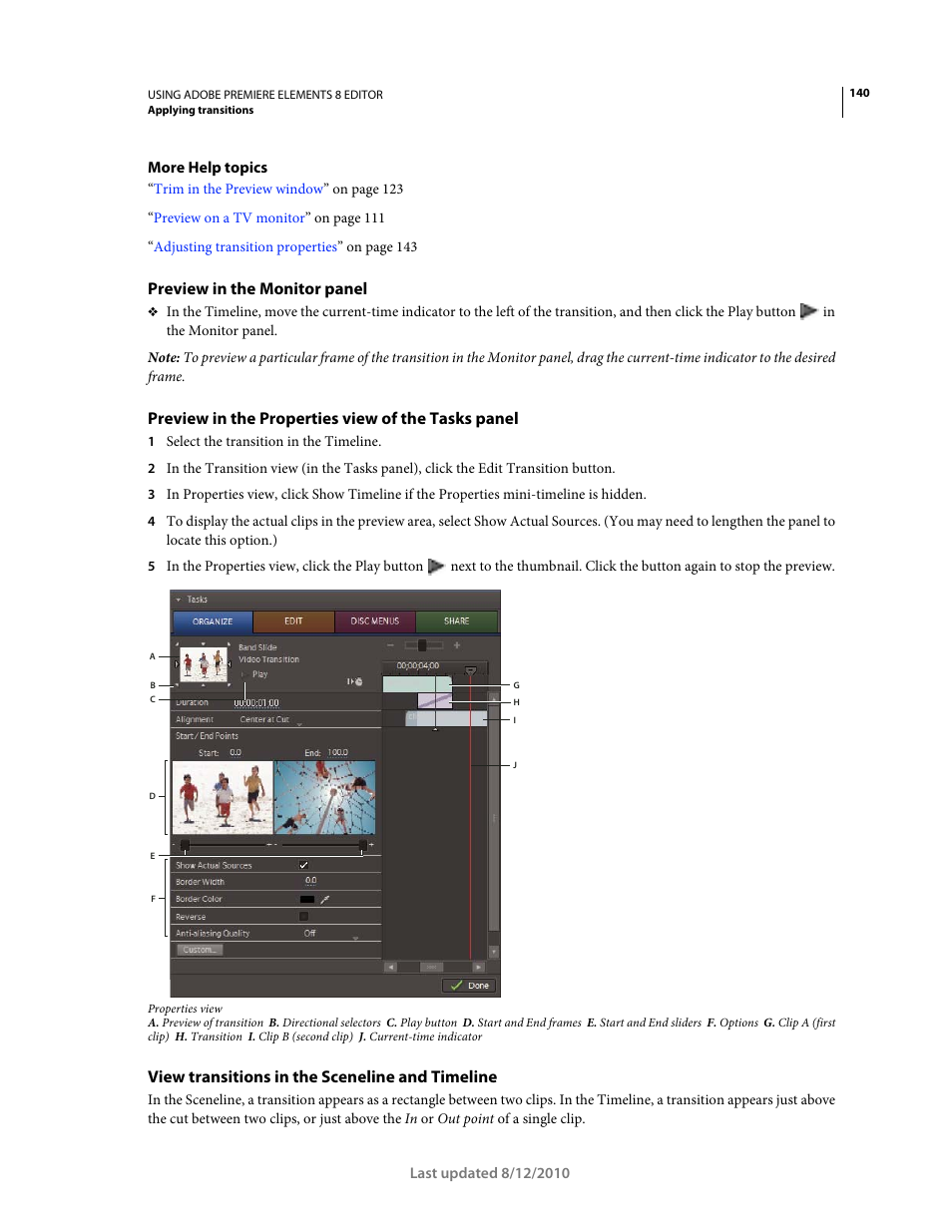 Preview in the monitor panel, Preview in the properties view of the tasks panel, View transitions in the sceneline and timeline | Adobe Premiere Elements 8 User Manual | Page 145 / 313