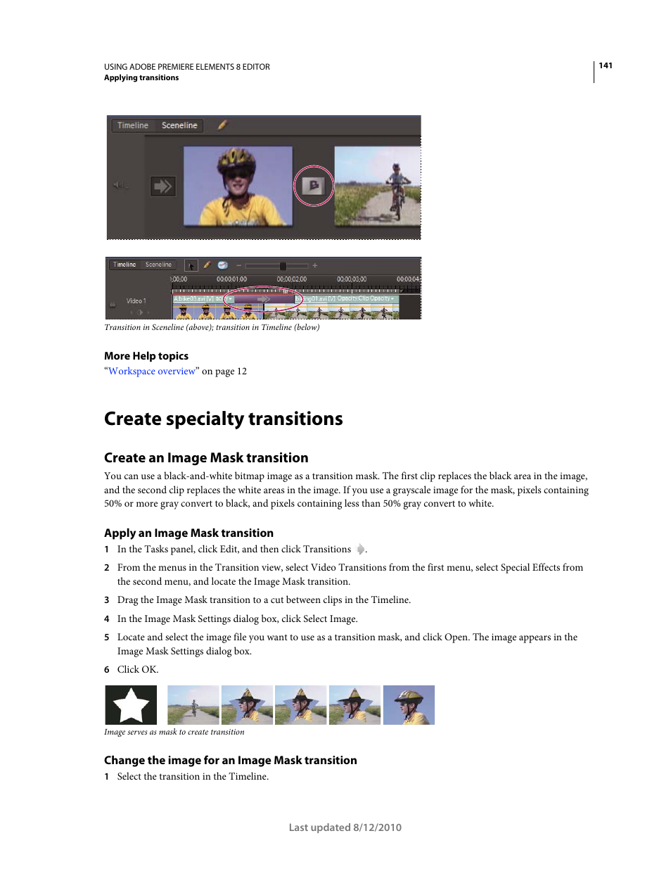 Create specialty transitions, Create an image mask transition, Apply an image mask transition | Change the image for an image mask transition | Adobe Premiere Elements 8 User Manual | Page 146 / 313