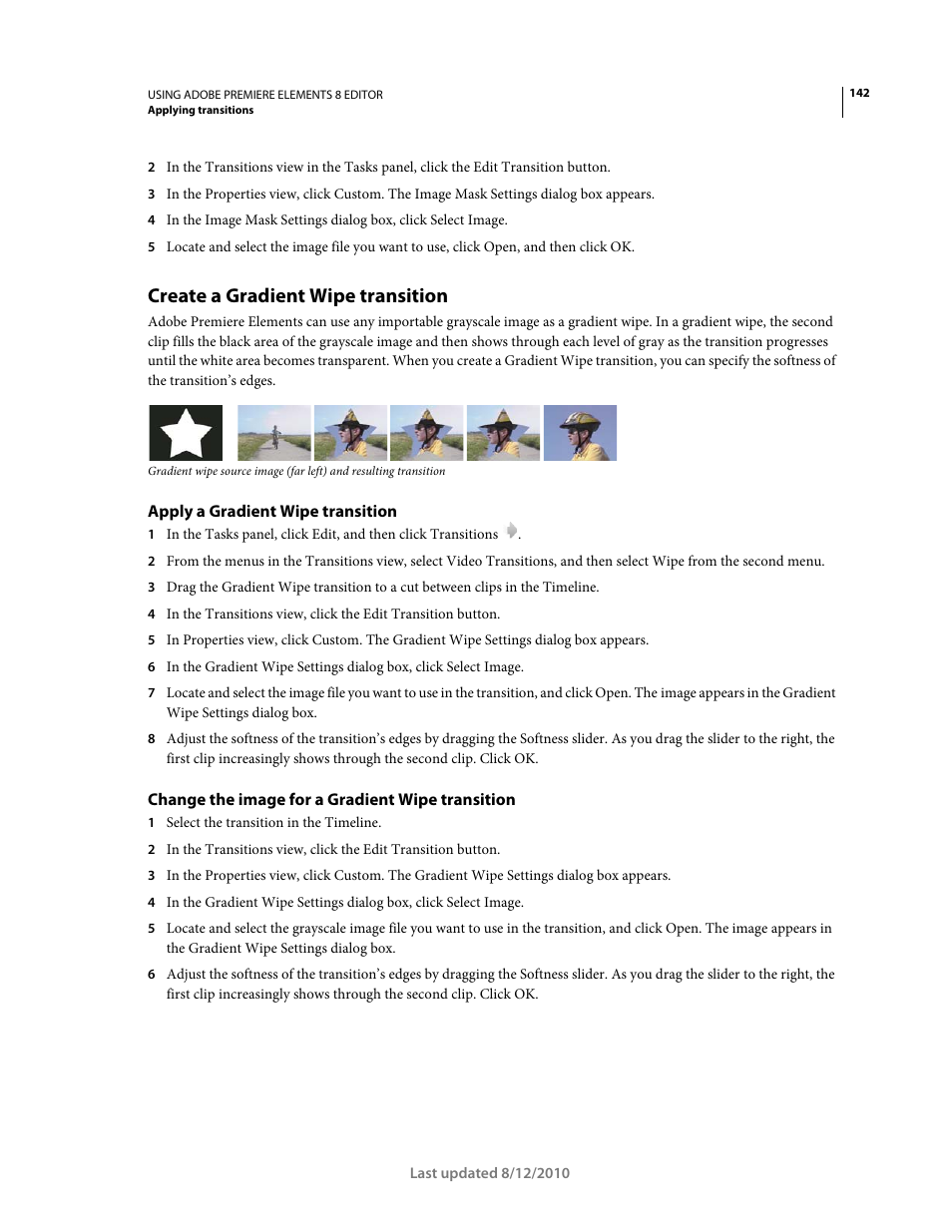 Create a gradient wipe transition, Apply a gradient wipe transition, Change the image for a gradient wipe transition | Adobe Premiere Elements 8 User Manual | Page 147 / 313