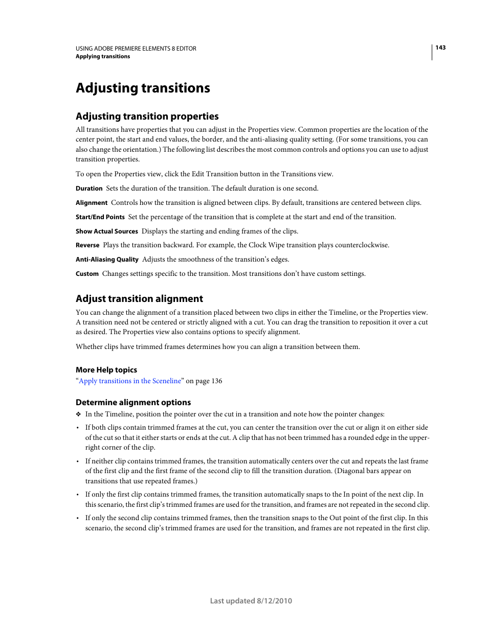 Adjusting transitions, Adjusting transition properties, Adjust transition alignment | Determine alignment options | Adobe Premiere Elements 8 User Manual | Page 148 / 313