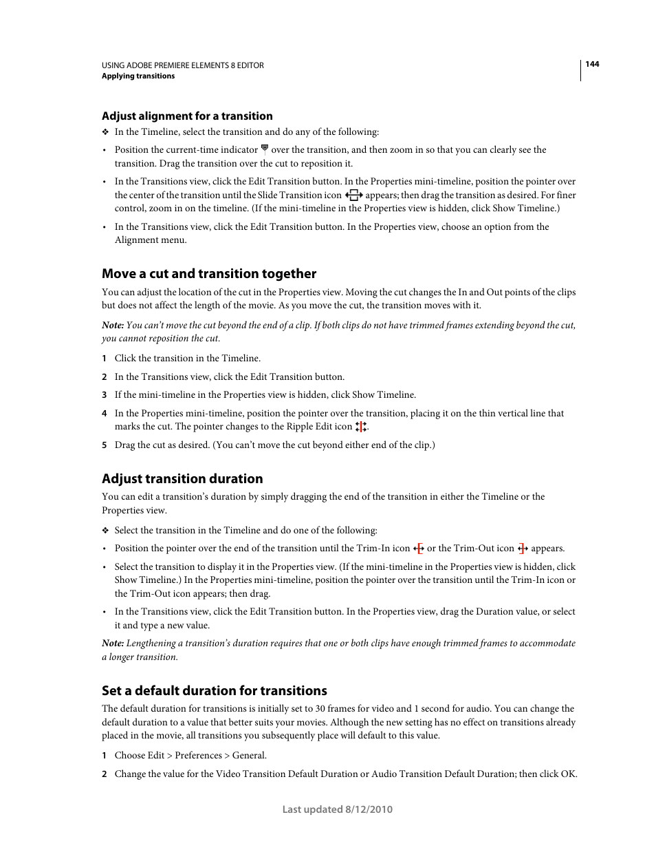 Adjust alignment for a transition, Move a cut and transition together, Adjust transition duration | Set a default duration for transitions | Adobe Premiere Elements 8 User Manual | Page 149 / 313