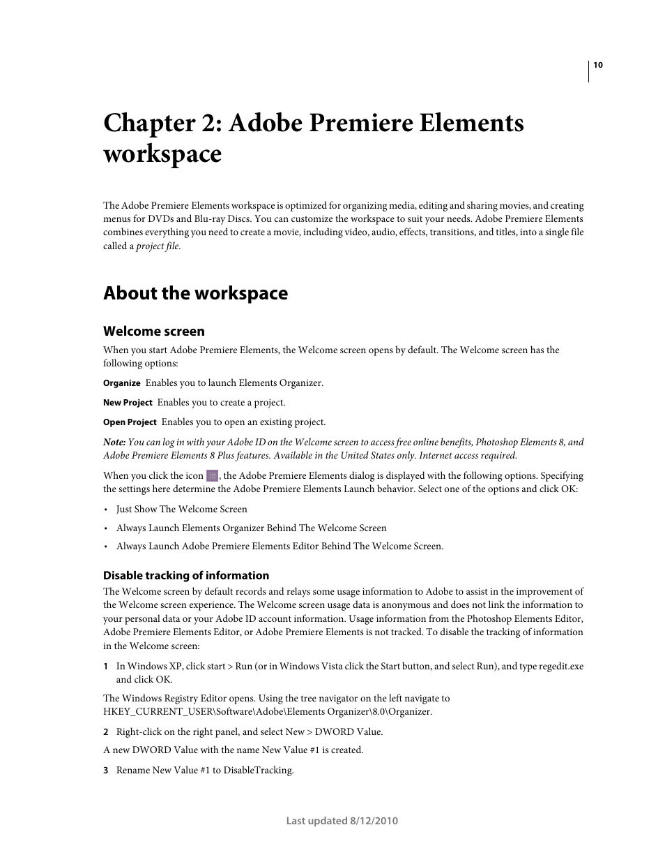 Chapter 2: adobe premiere elements workspace, About the workspace, Welcome screen | Disable tracking of information | Adobe Premiere Elements 8 User Manual | Page 15 / 313