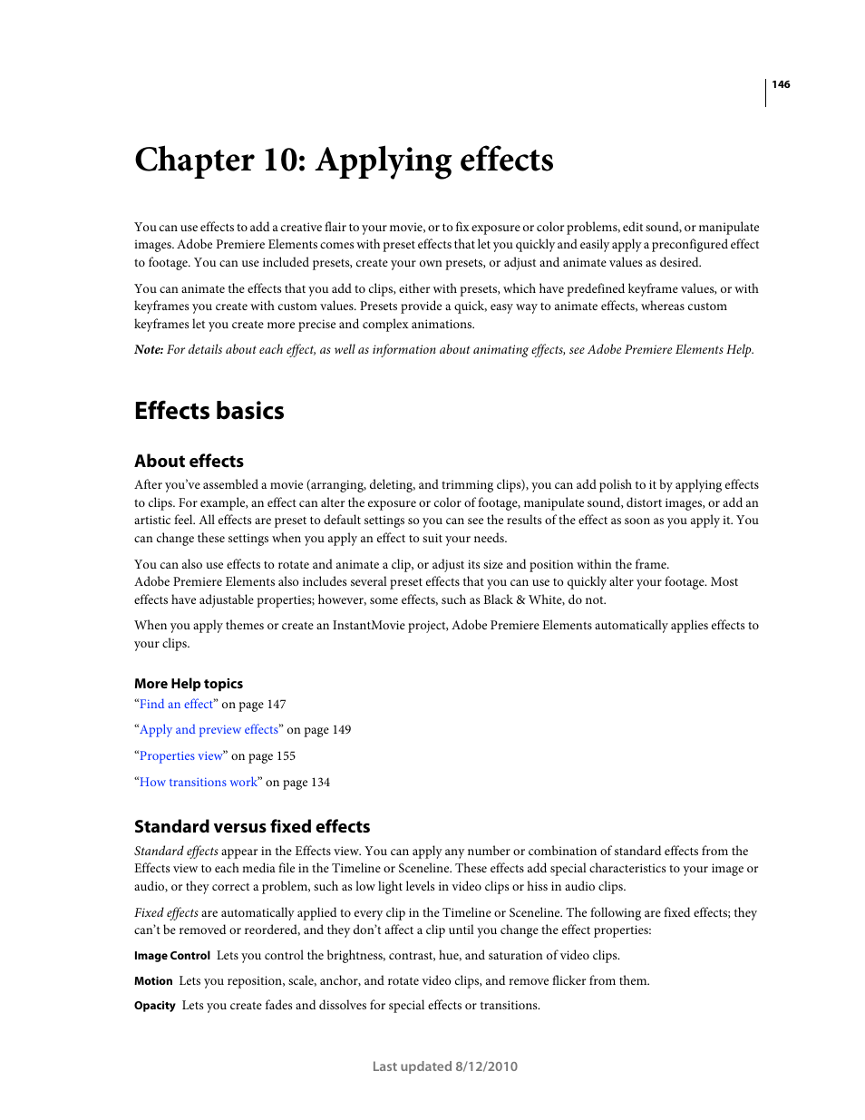 Chapter 10: applying effects, Effects basics, About effects | Standard versus fixed effects | Adobe Premiere Elements 8 User Manual | Page 151 / 313