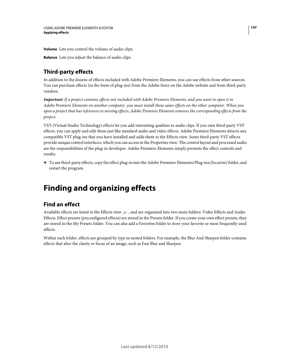 Third-party effects, Finding and organizing effects, Find an effect | Adobe Premiere Elements 8 User Manual | Page 152 / 313