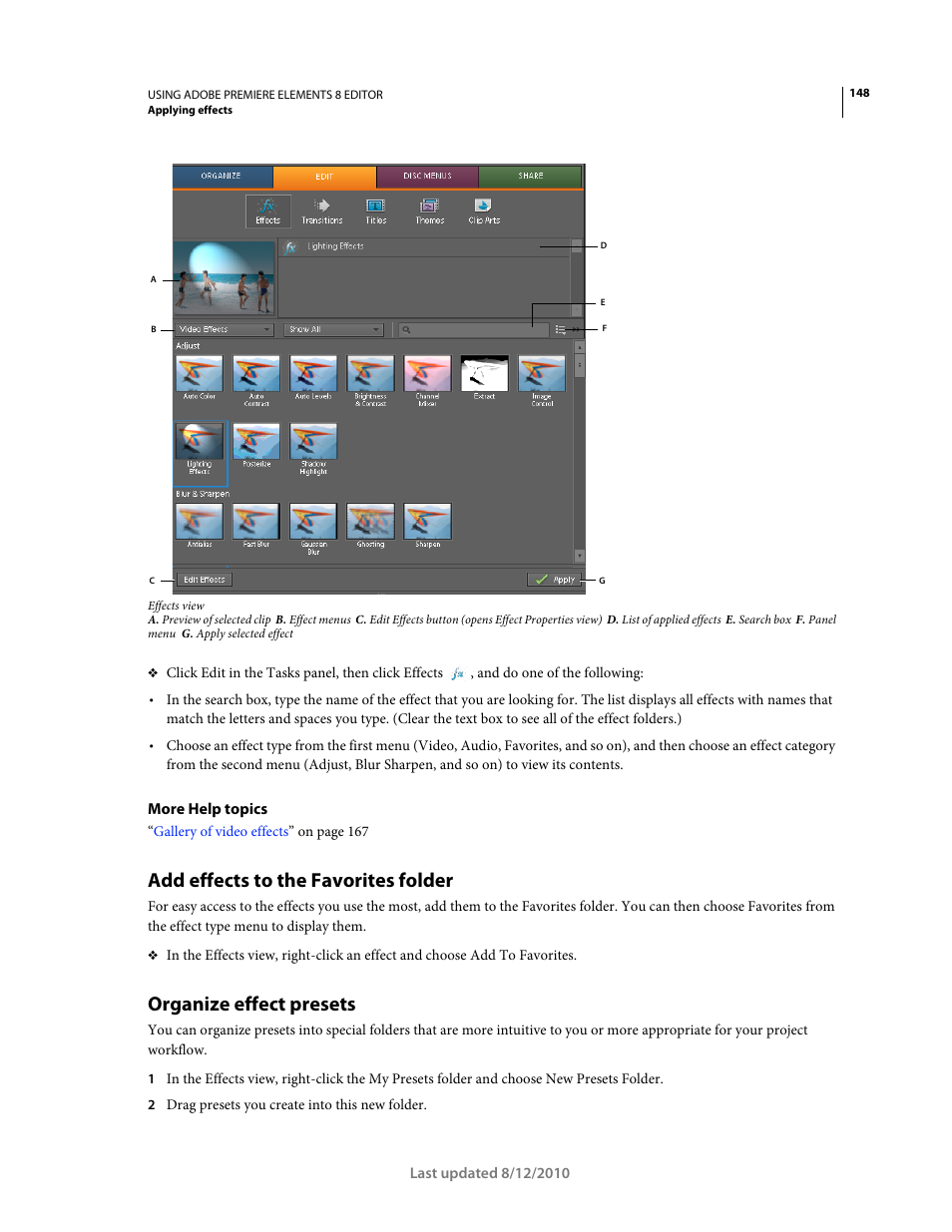 Add effects to the favorites folder, Organize effect presets | Adobe Premiere Elements 8 User Manual | Page 153 / 313