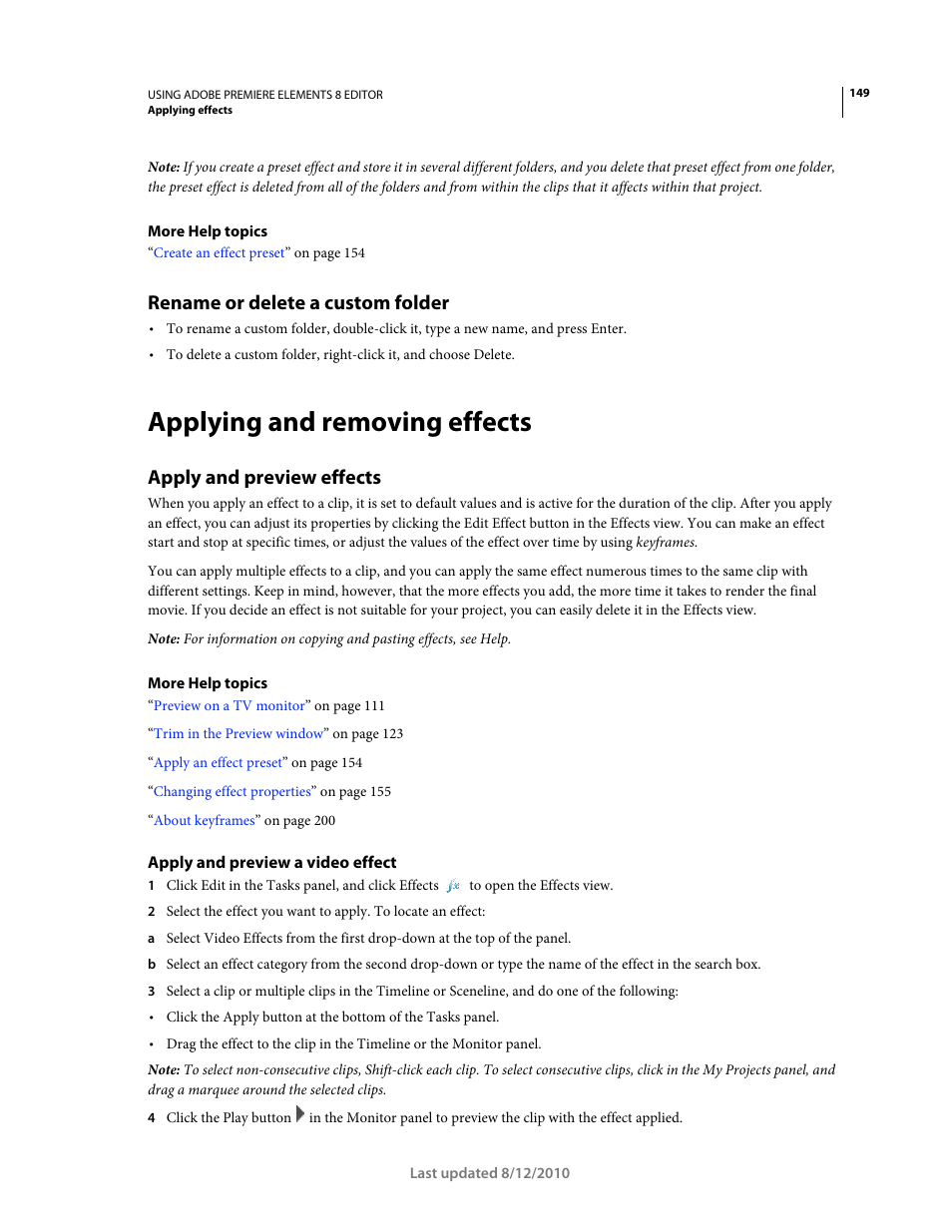 Rename or delete a custom folder, Applying and removing effects, Apply and preview effects | Apply and preview a video effect | Adobe Premiere Elements 8 User Manual | Page 154 / 313