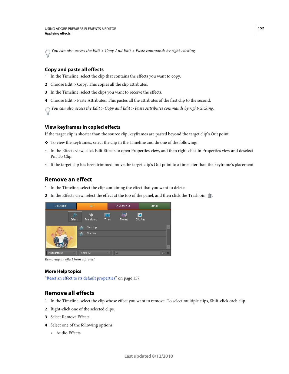 Copy and paste all effects, View keyframes in copied effects, Remove an effect | Remove all effects | Adobe Premiere Elements 8 User Manual | Page 157 / 313