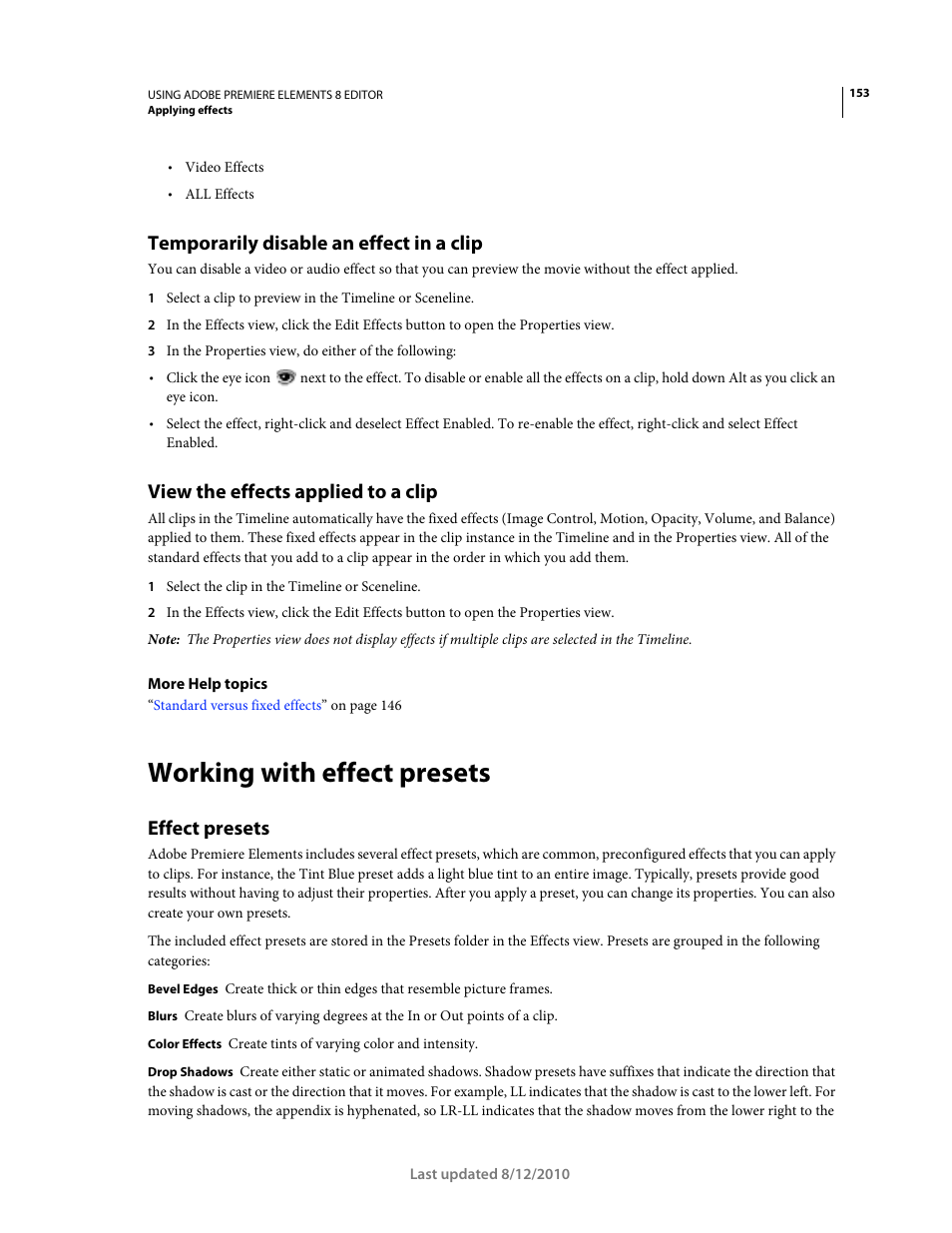 Temporarily disable an effect in a clip, View the effects applied to a clip, Working with effect presets | Effect presets | Adobe Premiere Elements 8 User Manual | Page 158 / 313