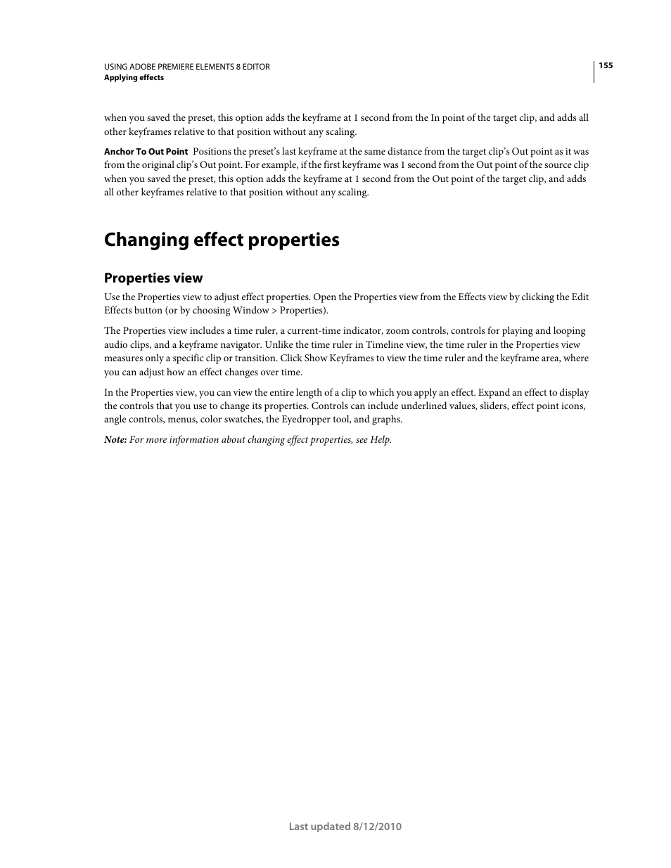 Changing effect properties, Properties view | Adobe Premiere Elements 8 User Manual | Page 160 / 313