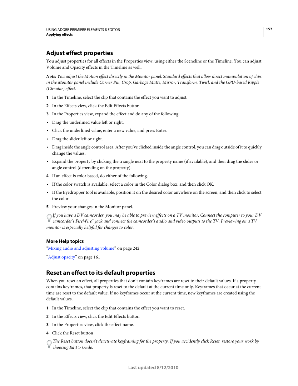 Adjust effect properties, Reset an effect to its default properties | Adobe Premiere Elements 8 User Manual | Page 162 / 313