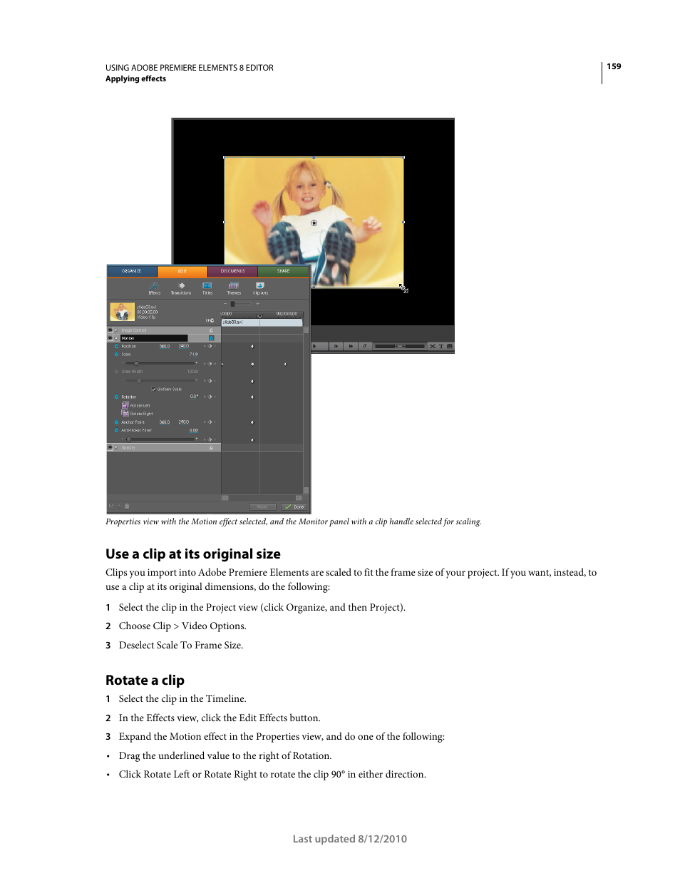 Use a clip at its original size, Rotate a clip | Adobe Premiere Elements 8 User Manual | Page 164 / 313