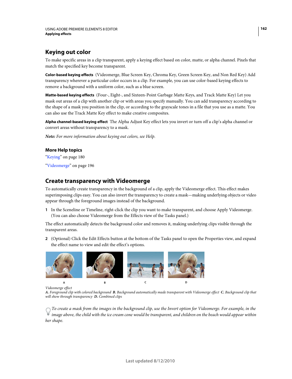 Keying out color, Create transparency with videomerge | Adobe Premiere Elements 8 User Manual | Page 167 / 313