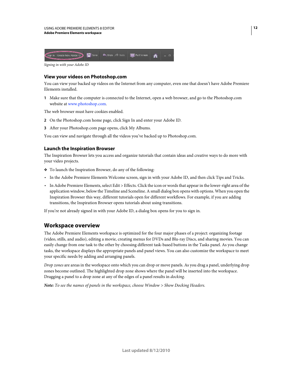 View your videos on photoshop.com, Launch the inspiration browser, Workspace overview | Adobe Premiere Elements 8 User Manual | Page 17 / 313