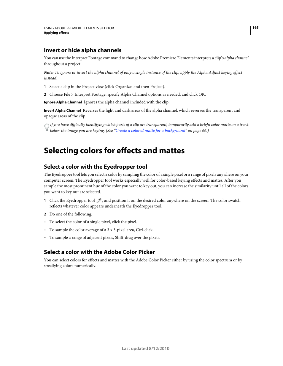 Invert or hide alpha channels, Selecting colors for effects and mattes, Select a color with the eyedropper tool | Select a color with the adobe color picker | Adobe Premiere Elements 8 User Manual | Page 170 / 313