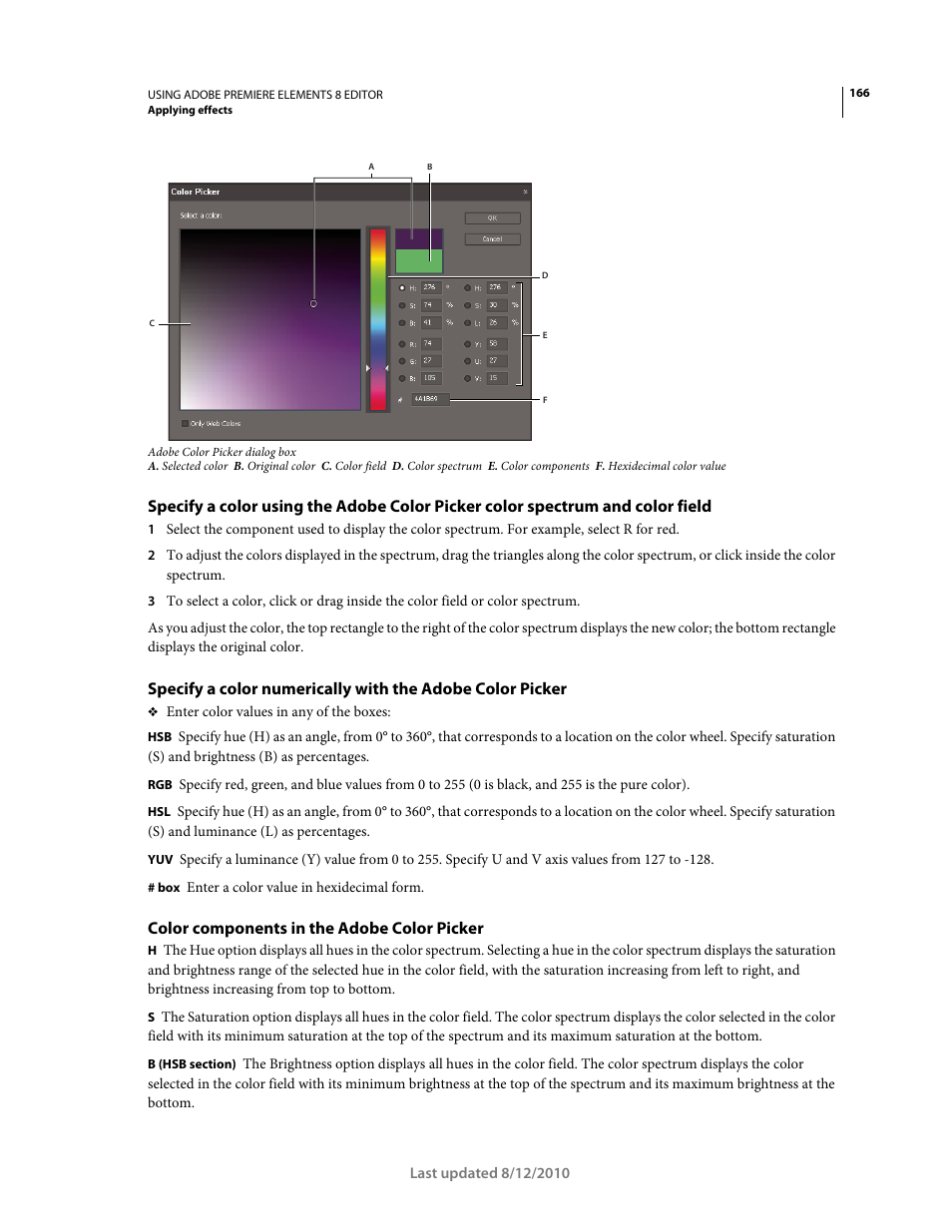 Color components in the adobe color picker | Adobe Premiere Elements 8 User Manual | Page 171 / 313