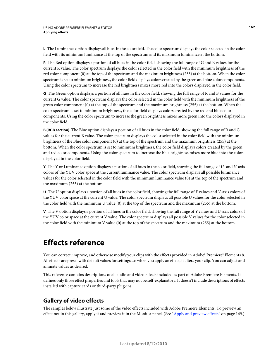 Effects reference, Gallery of video effects | Adobe Premiere Elements 8 User Manual | Page 172 / 313