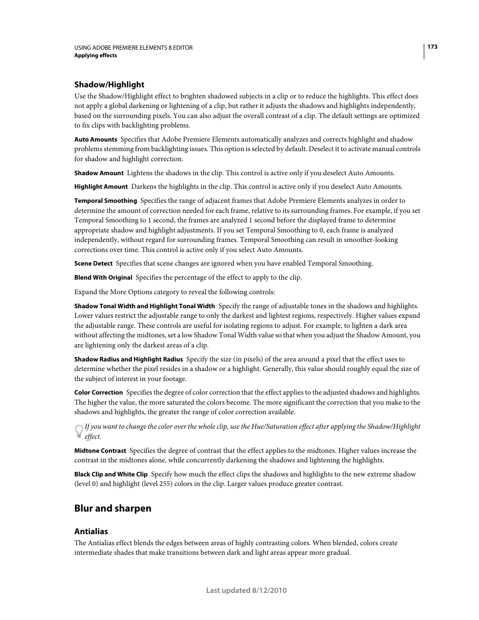 Shadow/highlight, Blur and sharpen, Antialias | Adobe Premiere Elements 8 User Manual | Page 178 / 313