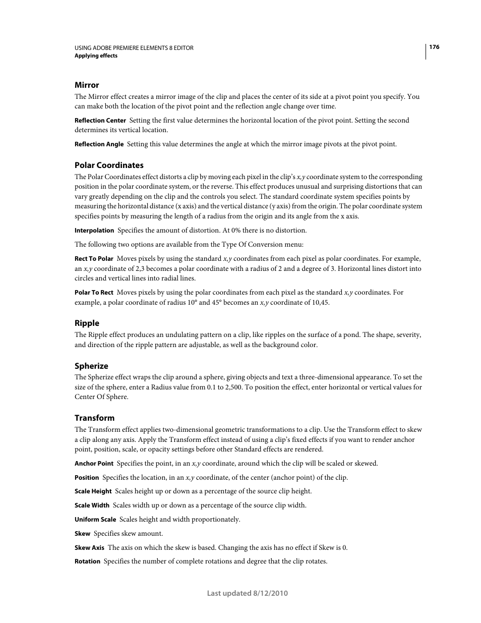Mirror, Polar coordinates, Ripple | Spherize, Transform | Adobe Premiere Elements 8 User Manual | Page 181 / 313