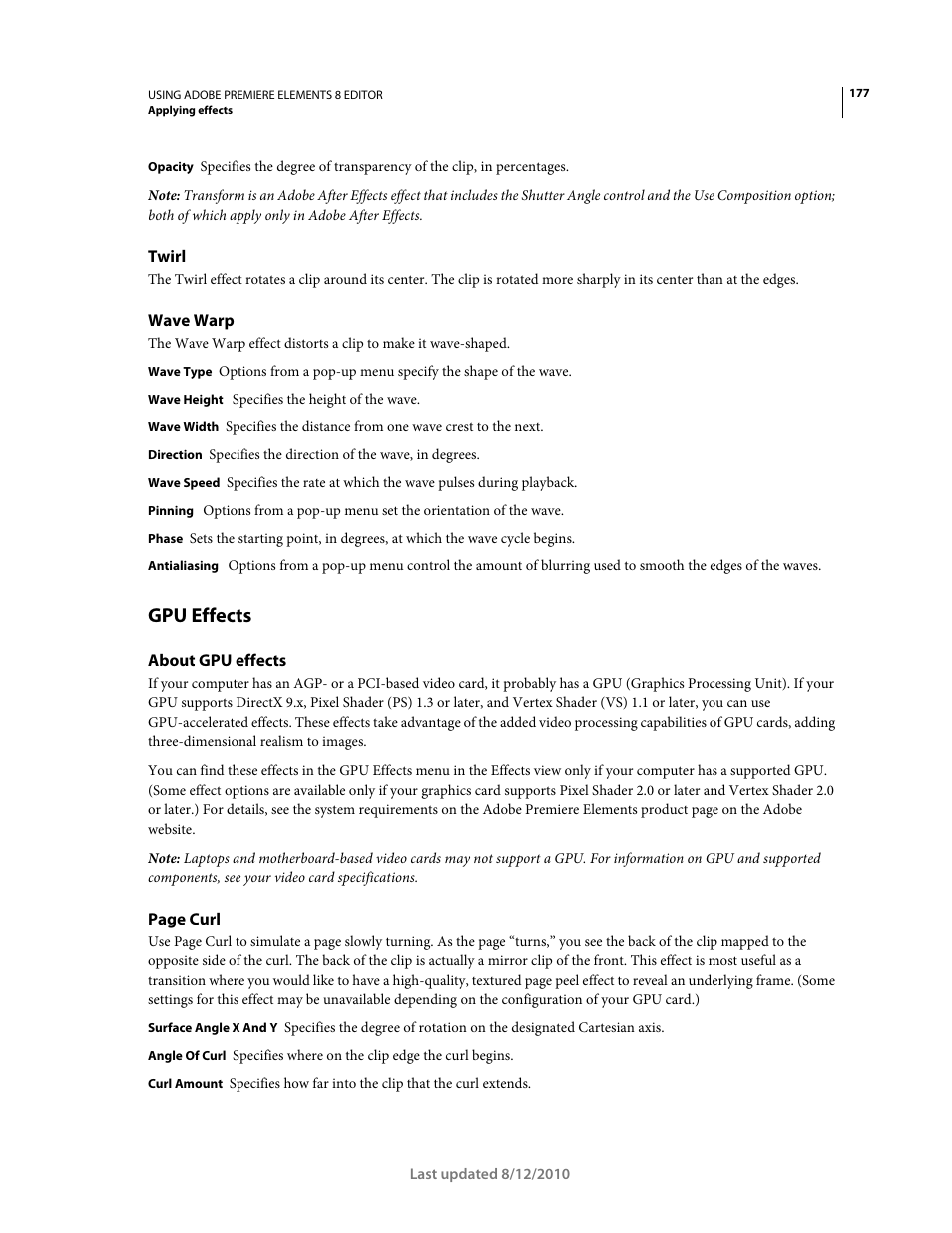 Twirl, Wave warp, Gpu effects | About gpu effects | Adobe Premiere Elements 8 User Manual | Page 182 / 313