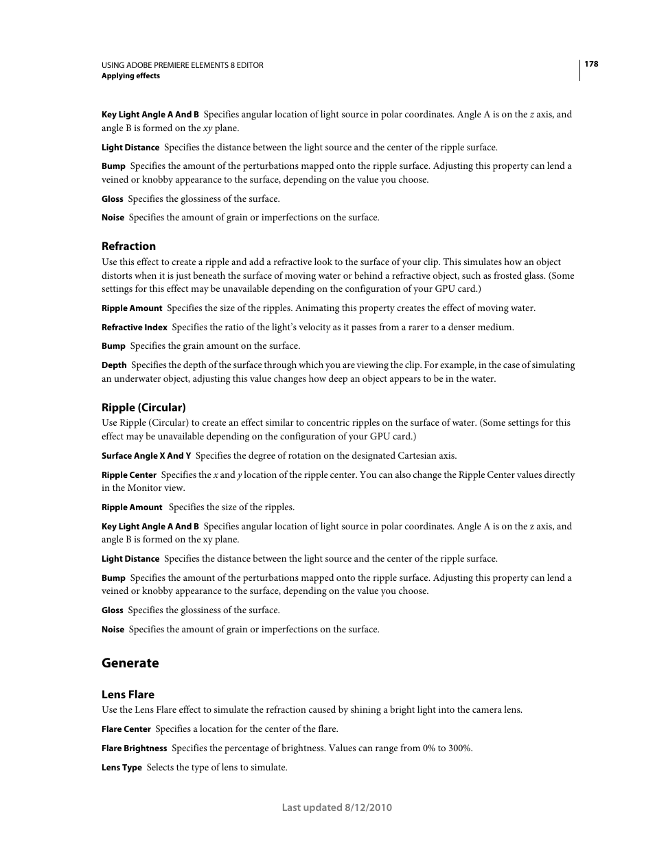 Refraction, Ripple (circular), Generate | Lens flare | Adobe Premiere Elements 8 User Manual | Page 183 / 313