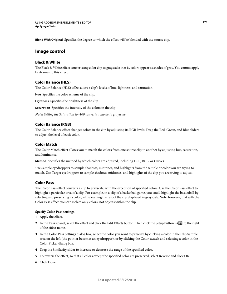 Image control, Black & white, Color balance (hls) | Color balance (rgb), Color match, Color pass, Color balance, Rgb) | Adobe Premiere Elements 8 User Manual | Page 184 / 313