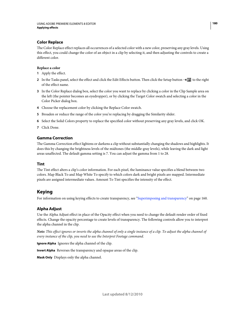 Color replace, Gamma correction, Tint | Keying, Alpha adjust | Adobe Premiere Elements 8 User Manual | Page 185 / 313
