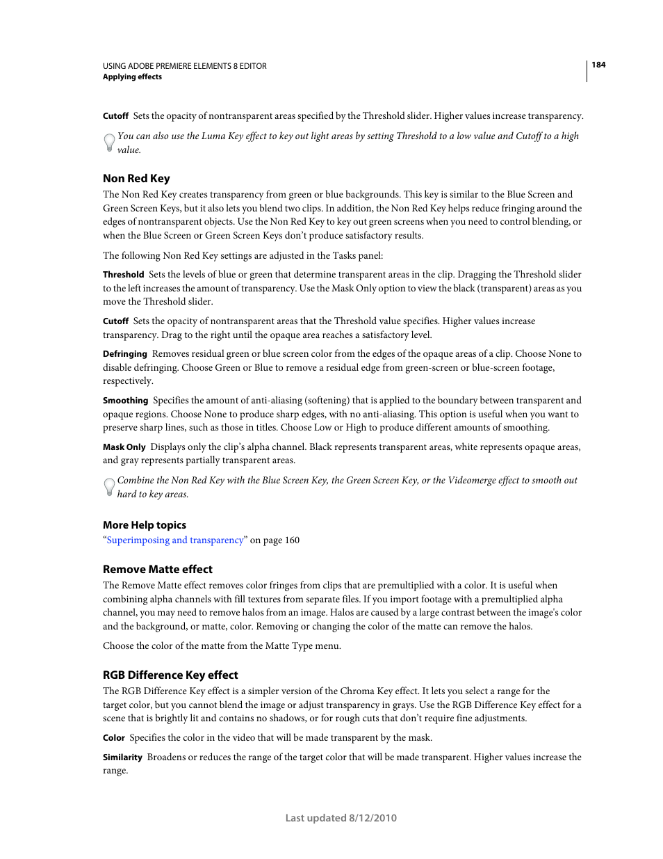 Non red key, Remove matte effect, Rgb difference key effect | Adobe Premiere Elements 8 User Manual | Page 189 / 313