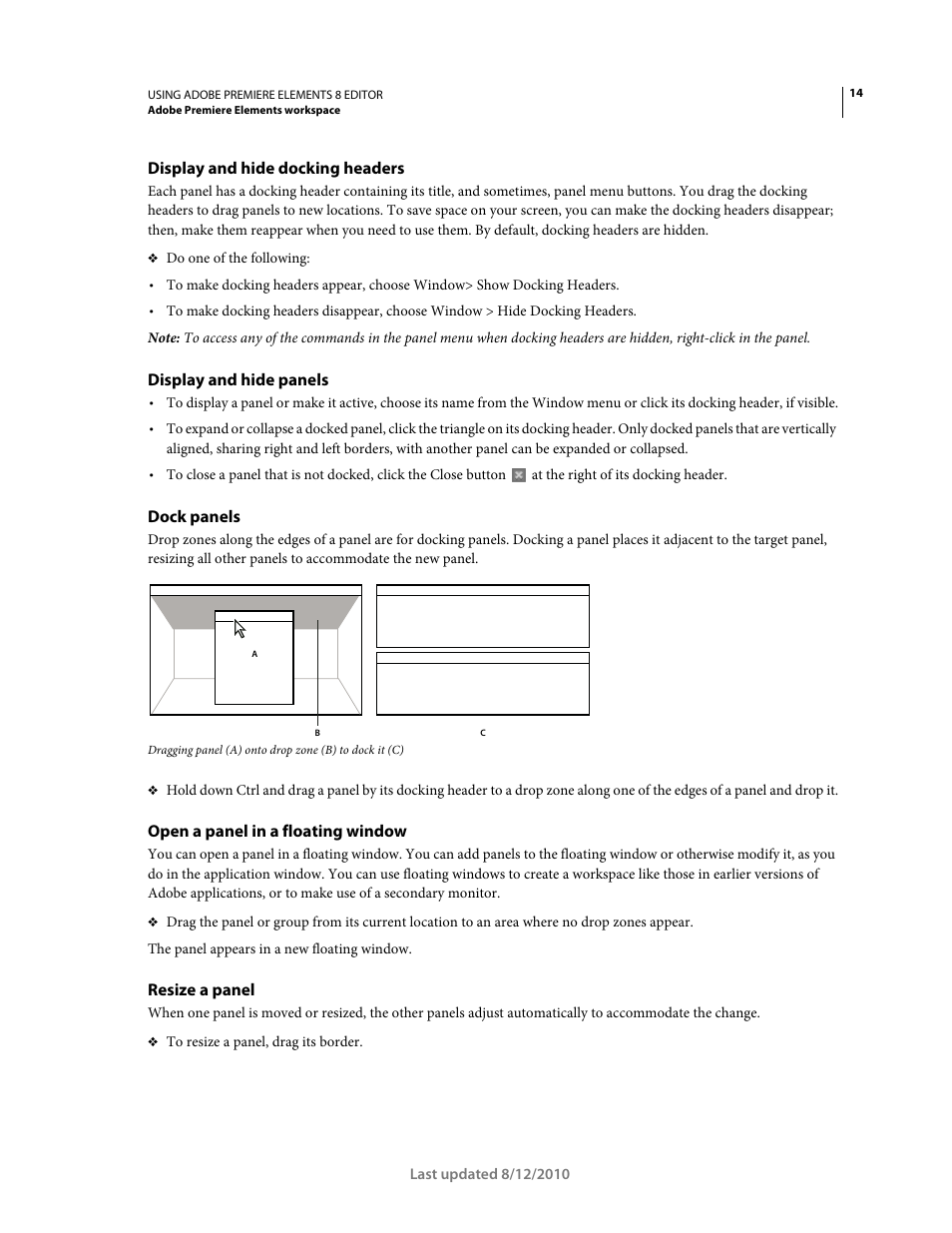 Display and hide docking headers, Display and hide panels, Dock panels | Open a panel in a floating window, Resize a panel | Adobe Premiere Elements 8 User Manual | Page 19 / 313