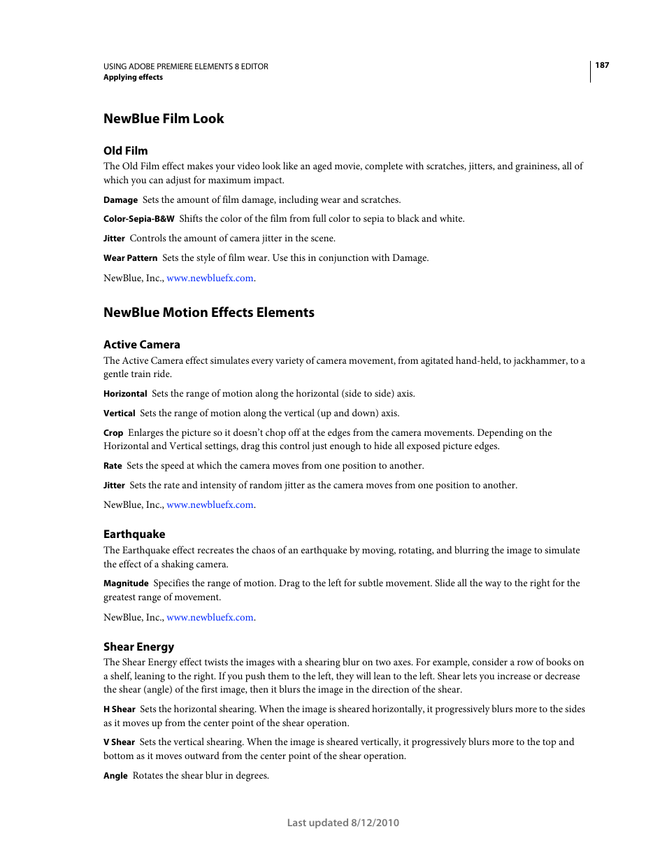Newblue film look, Old film, Newblue motion effects elements | Active camera, Earthquake, Shear energy | Adobe Premiere Elements 8 User Manual | Page 192 / 313