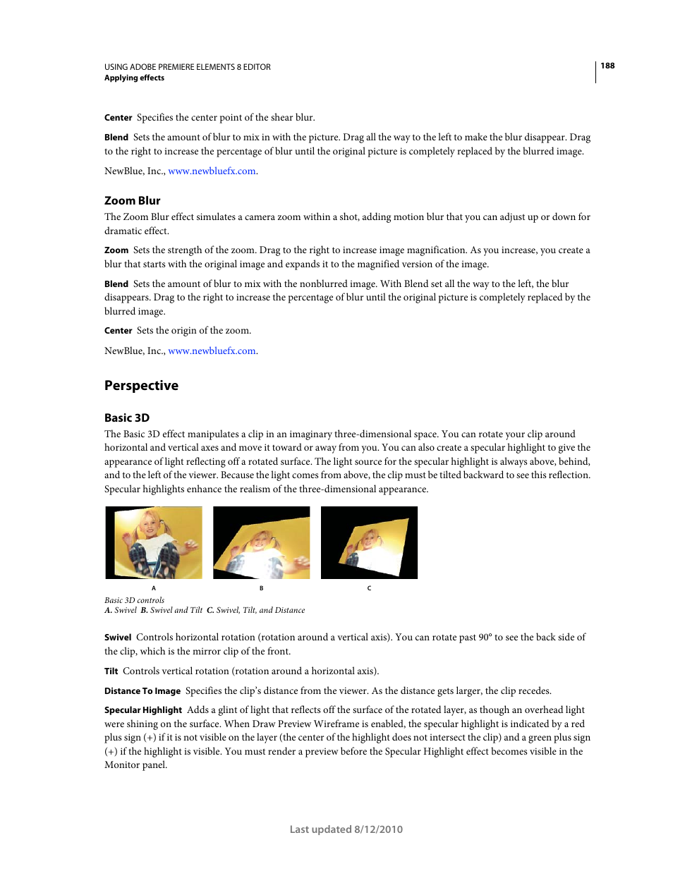 Zoom blur, Perspective, Basic 3d | Adobe Premiere Elements 8 User Manual | Page 193 / 313