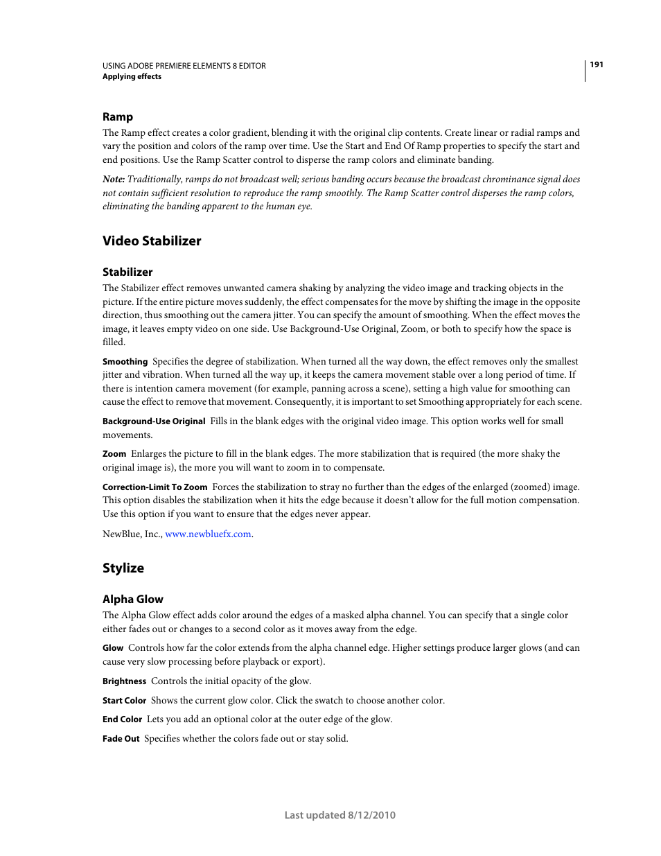 Ramp, Video stabilizer, Stabilizer | Stylize, Alpha glow | Adobe Premiere Elements 8 User Manual | Page 196 / 313