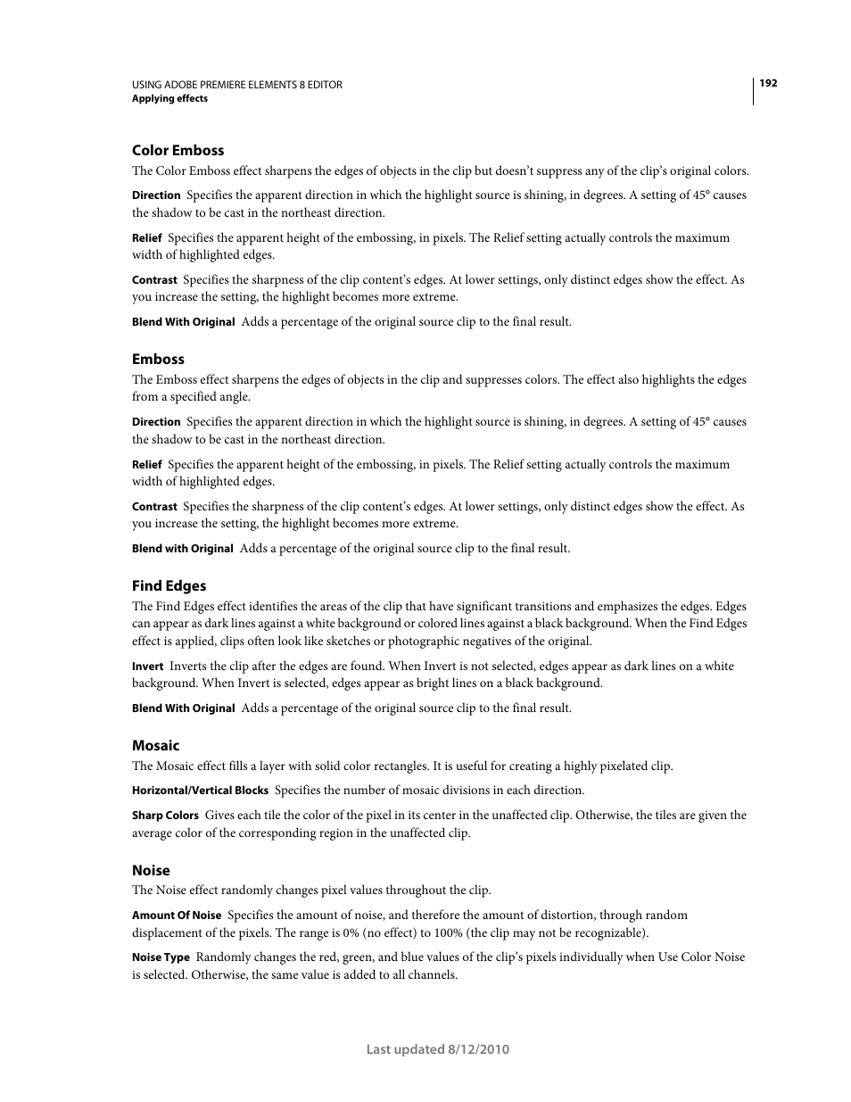 Color emboss, Emboss, Find edges | Mosaic, Noise | Adobe Premiere Elements 8 User Manual | Page 197 / 313