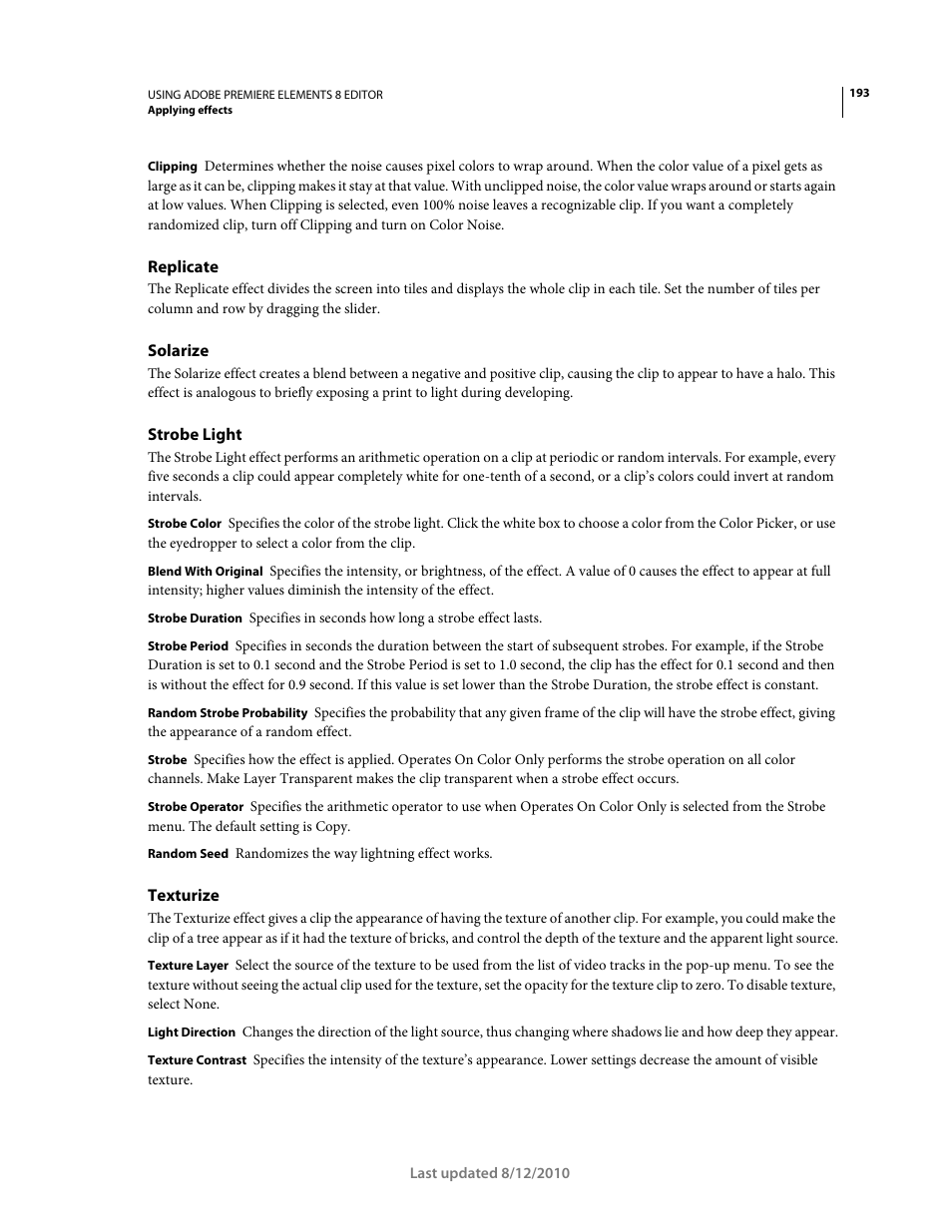 Replicate, Solarize, Strobe light | Texturize | Adobe Premiere Elements 8 User Manual | Page 198 / 313