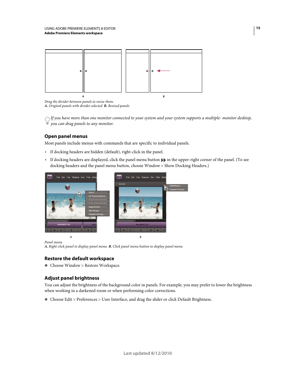 Open panel menus, Restore the default workspace, Adjust panel brightness | Adobe Premiere Elements 8 User Manual | Page 20 / 313