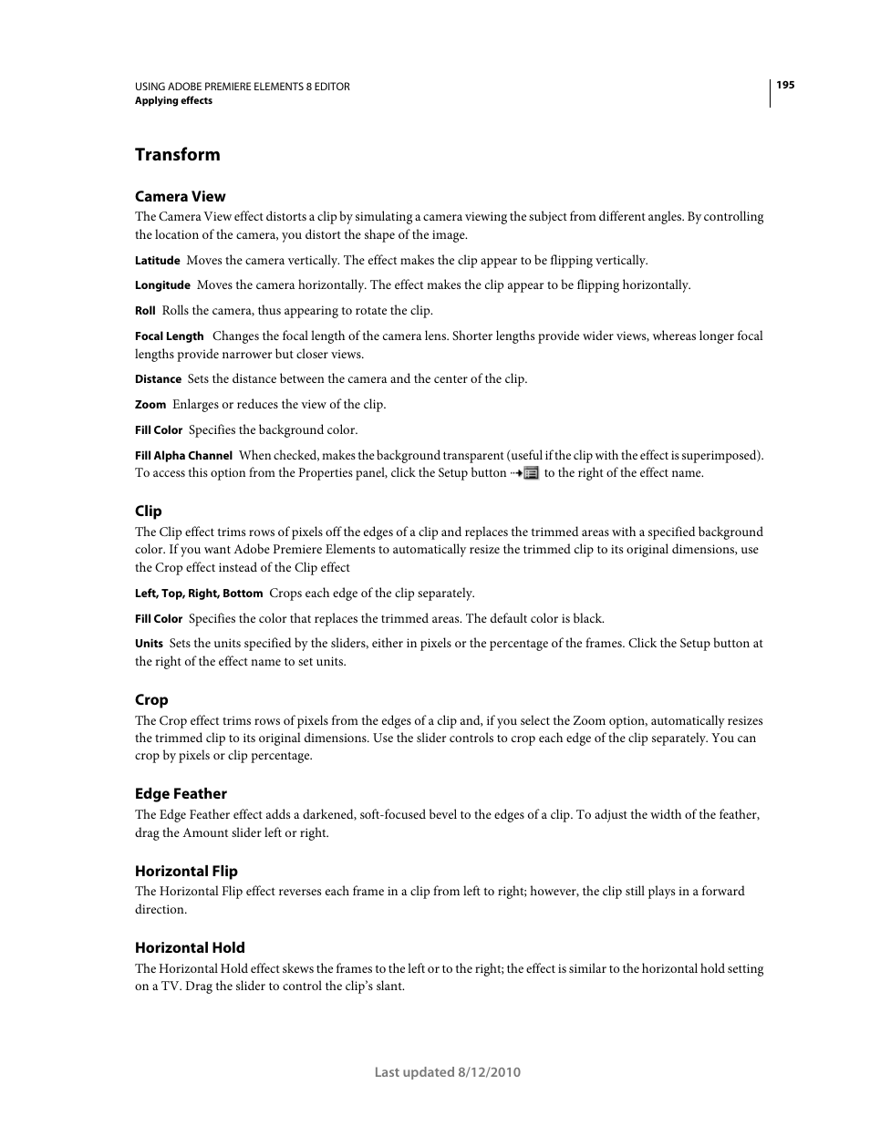 Transform, Camera view, Clip | Crop, Edge feather, Horizontal flip, Horizontal hold | Adobe Premiere Elements 8 User Manual | Page 200 / 313