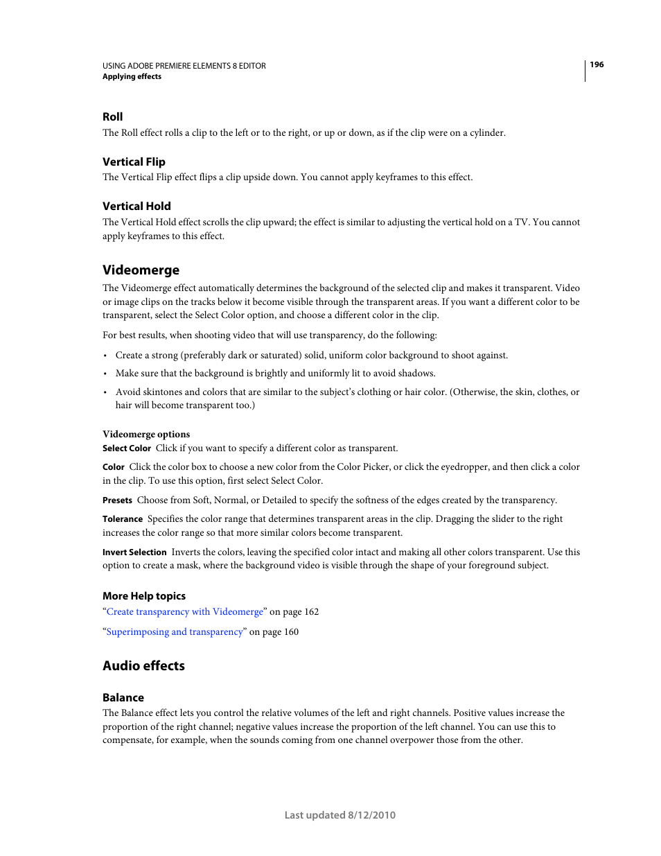Roll, Vertical flip, Vertical hold | Videomerge, Audio effects, Balance | Adobe Premiere Elements 8 User Manual | Page 201 / 313